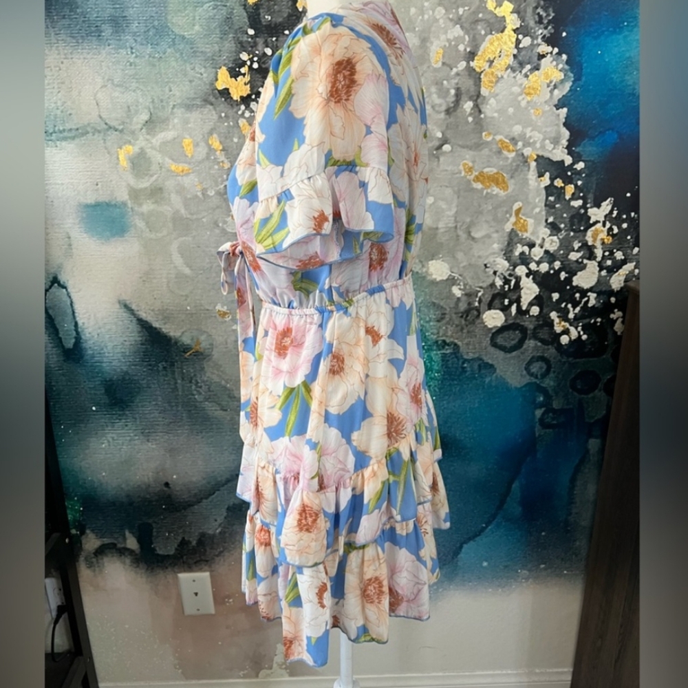 FOREVER 21 Floral Plunge V-Neck Front Tie Ruffle Mini Boho Dress - Picture 3 of 7
